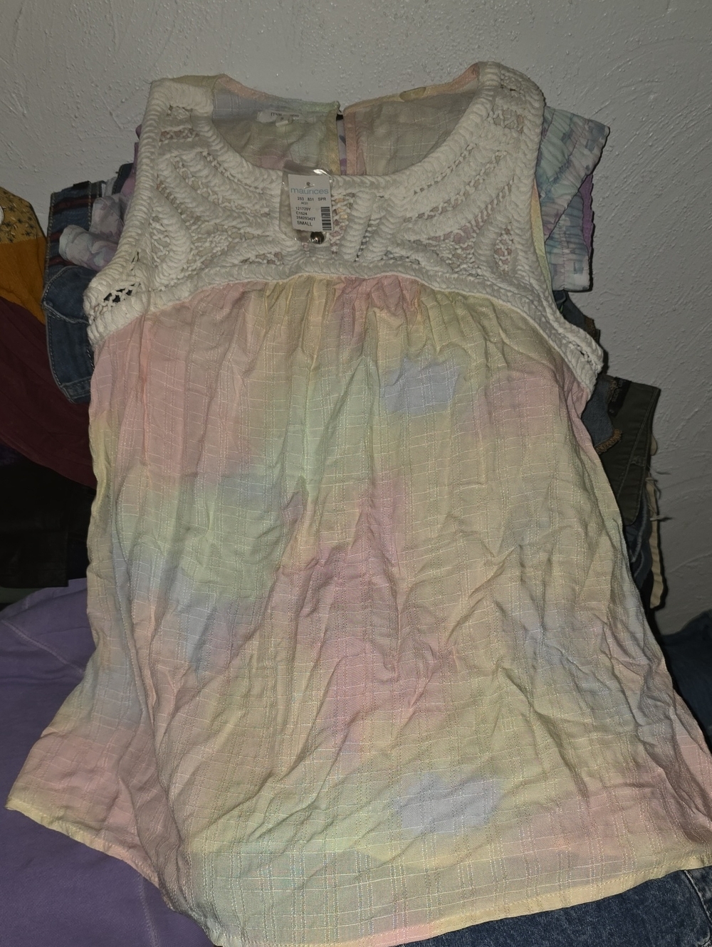 Brand NEW! ADORABLE, Maurices White Crochet Yoke Pastel Tie-Dye Tank